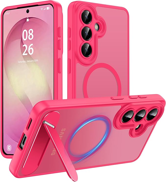 Magnetic for Samsung Galaxy S26 Case, [Compatible with MagSafe][Full Camera Protection][Built-in Invisible Kickstand] Translucent Matte Phone Case for S26 6.3" - Hot Pink