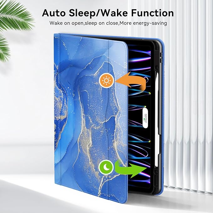 Zonefoker Case for New iPad Pro 12.9 inch 6th/5th/4th/3rd Generation 2022/2021/2020/2018, 12.9'' ipad Pro Leather Protective Cover 6/5/4/3 Gen with Pencil Holder, Auto Wake/Sleep, Marble Gary Blue