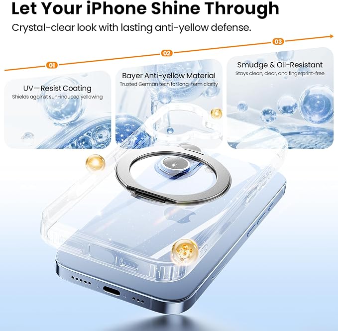360° Ring Stand for iPhone 17 Case, Compatible with MagSafe, Military-Grade Protective,Anti-Yellowing, Scratch-Resistant Back Cover Phone Case for iPhone 17 6.3", Clear Glitter Stand