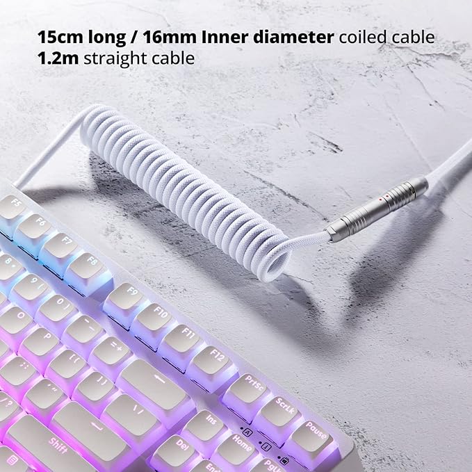 GUNMJO Pro Custom Coiled USB C Cable for Gaming Keyboard, Double-Sleeved Mechanical Keyboard Cable with Slim Type Detachable Metal Aviator, 1.5M USB-C to USB-A, White Color
