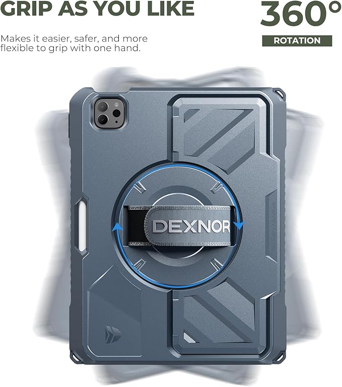 Dexnor Case for iPad Pro 11 inch 4th/3rd/2nd/1st Gen (2022/2021/2020/2018),Rugged Protective Case with 360° Rotating Hand Strap & Stand & Screen Protector & Pencil Holder Shockproof Bumper Cover,Blue