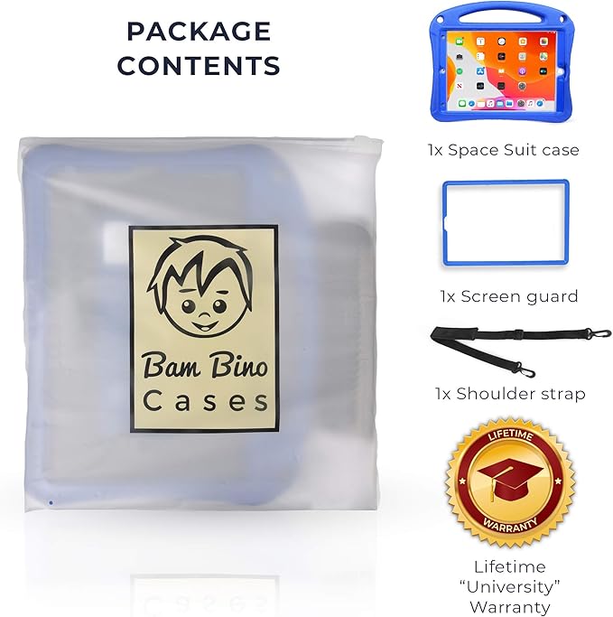 Bam Bino Space Suit iPad 9th Generation Case Kids, iPad 8th/7th/10.2 inch iPad Case for Kids | Lightweight Cover with Screen Protector, Handle, Stand, Shoulder Strap, Pencil Holder (Galactic Blue)