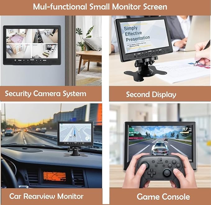 7 inch Small HDMI VGA AV RCA Monitor 1080P Second Screen for PC/Security System/Game Console; IPS 1024X600 Pixels; 60HZ; Built in Loud Speakers & Earphone Jack; 12V USB Power Cable for Portable Use