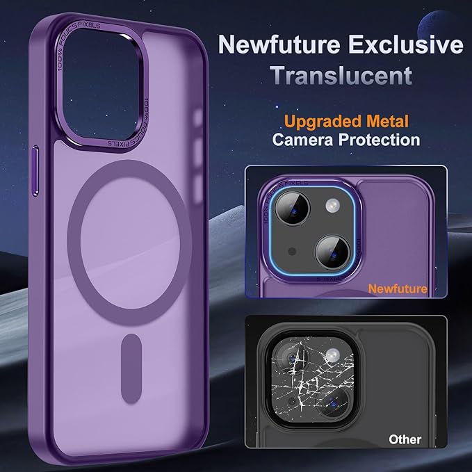 Newfuture Designed for iPhone 13 Case & iPhone 14 Case with Magnetic [13 FT Military Drop Protection] [Compatible with Magsafe] Translucent Shockproof with Anti-Fingerprint Phone Case, Deep Purple