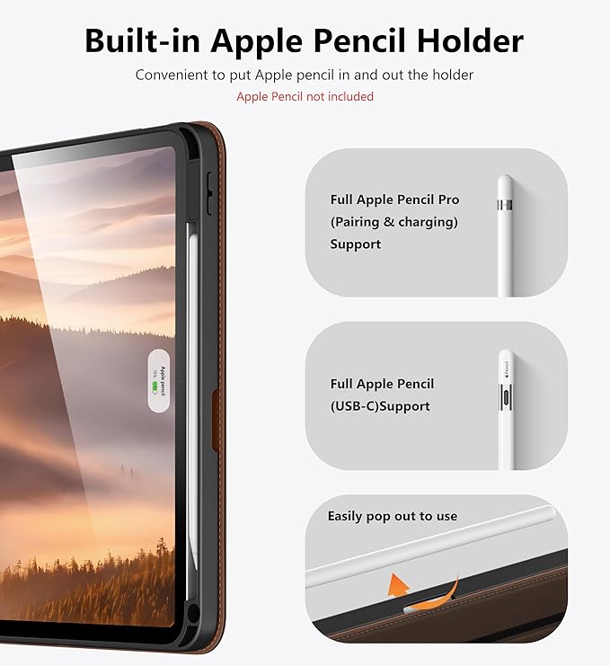 DTTO for iPad Air 11 inch Case M4 / M3 / M2 (2026/2025/2024), iPad Air 5th / 4th Gen (2022/2020), 360 Degree Rotating Premium Leather Folio Stand Cover with Pencil Holder, New Dark Brown