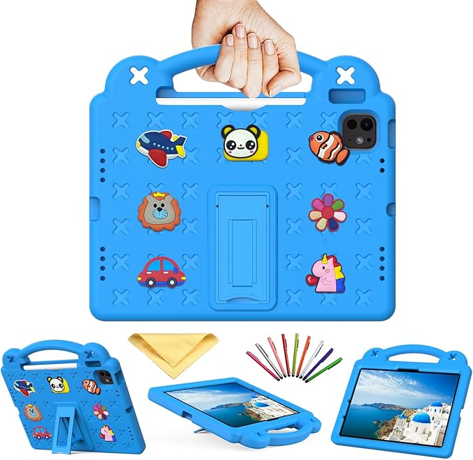 for iPad Air 11 inch Kids Case M3/M2 (2025/2024) & iPad Pro 11 Inch M4 Case 2024 with Pencil Holder/Handle/Kickstand Cute DIY Soft EVA Shockproof Stand Lightweight Tablet Cover,Sky Blue Bear