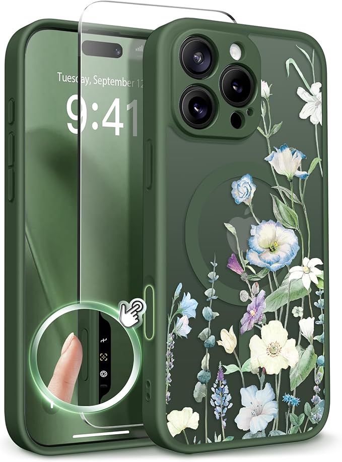 GVIEWIN for iPhone 16 Pro Max Case Compatible with MagSafe, [Military Grade Protection] [Screen Protector] Full Camera Protection Floral Translucent Women Magnetic Phone Case, Aquilegia/Forest Green