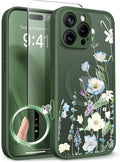 GVIEWIN for iPhone 16 Pro Max Case Compatible with MagSafe, [Military Grade Protection] [Screen Protector] Full Camera Protection Floral Translucent Women Magnetic Phone Case, Aquilegia/Forest Green