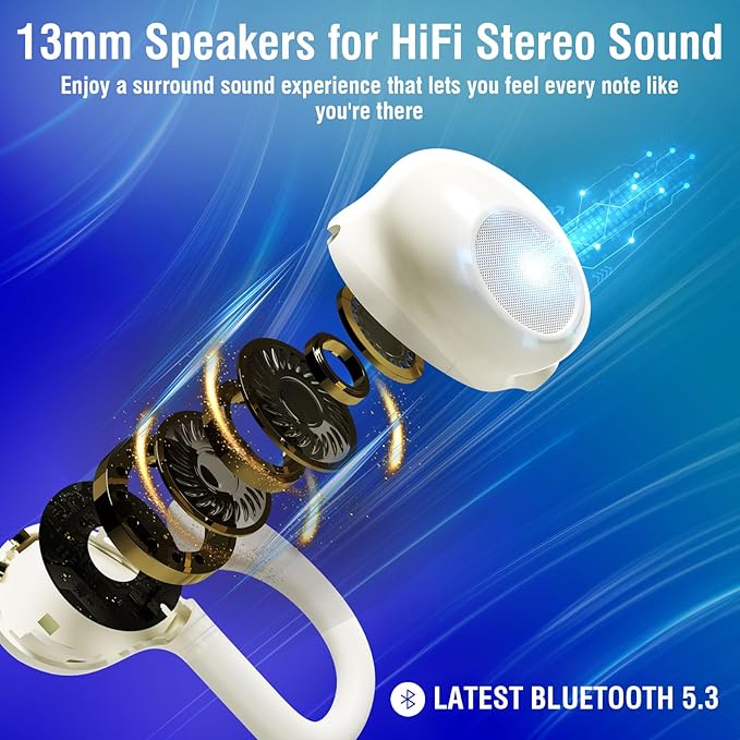 ZER-LON Wireless Earbuds, Bluetooth 5.3 Headphones 60hrs Playtime Noise Cancelling Wireless Headphones Waterproof Over-Ear Buds with Earhooks Built-in Mic Headset for Workout Sports (Cream)