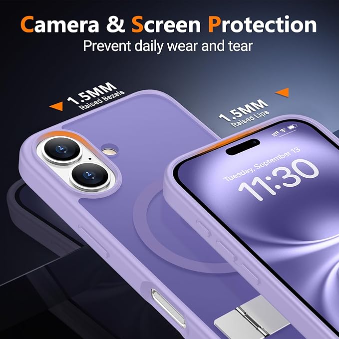 SPIDERCASE Magnetic for iPhone 16 Case,with [3 Stand Ways] [Military Grade Drop Protection] with Invisible Stand Shockproof Slim Phone Case for iPhone 16 6.1'',Light Purple