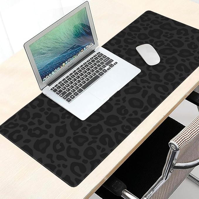 Black Leopard Print Mouse Pads XXL Extended Mousepad with Stitched Edges Non-Slip Rubber Base Computer Keyboard Pad Desk Mat for Home Office Desk Decor, 35.4" X 15.7"