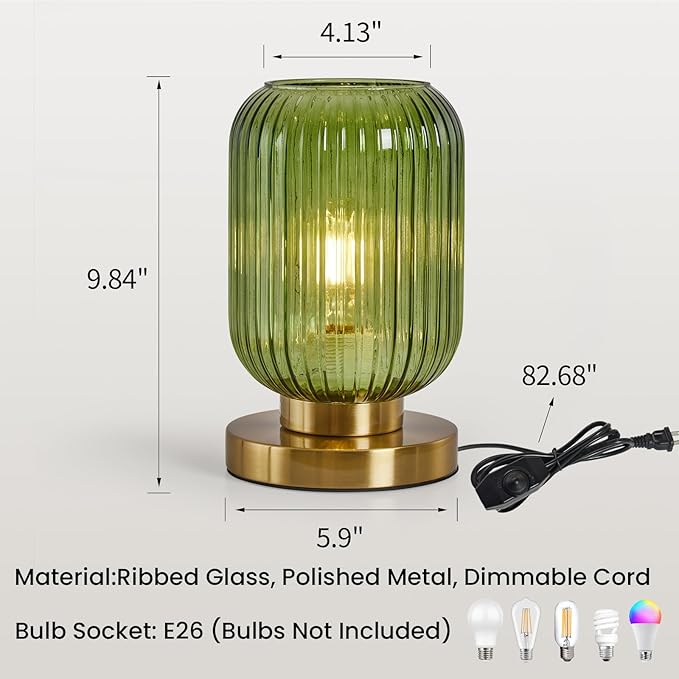 Mid Century Modern Table Lamp: Vintage Green Ribbed Glass Globe Dimmable Plug in Small Bedside Lamps - Cute Brass Gold Side Table Lamp Nightstand Light for Bedroom Entryway Office Desk Living Room