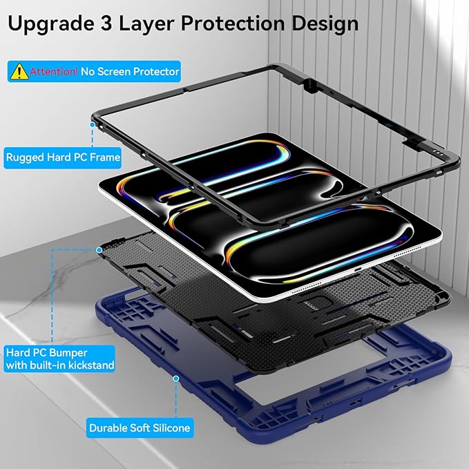 Case for iPad Pro 13 Inch Case (M5 2025/ M4 2024) with Pencil Holder, Built-in Stand, Military Grade Shockproof Protective Cover for iPad Pro 13" 8th/ 7th (Navy Blue)