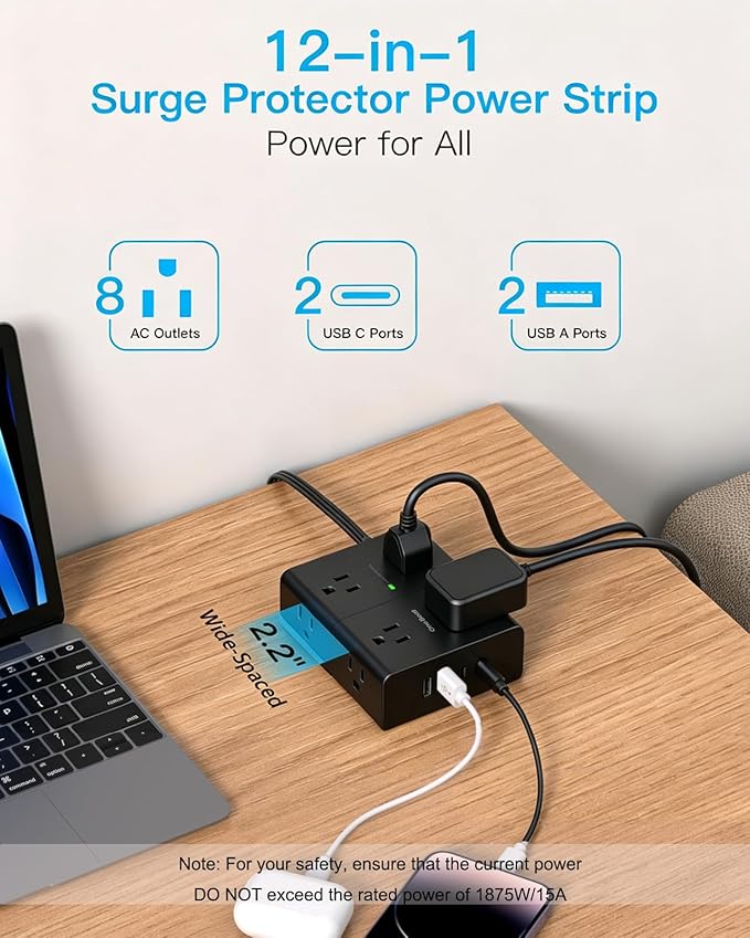 One Beat Surge Protector Power Strip, 6 Ft Ultra Thin Flat Extension Cord with 8 Outlets 4 USB Ports(2 USB C), Flat Plug Power Strip, White Power Strip for Home, Office, Dorm Room Essentials, Black