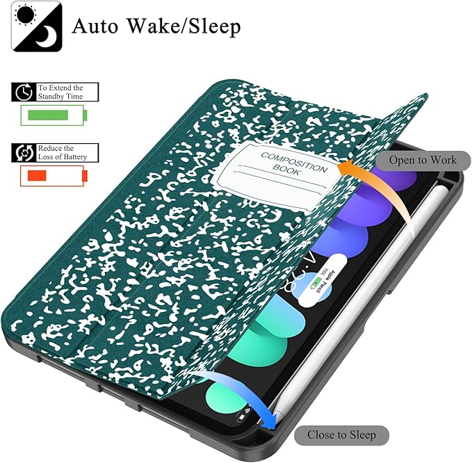 Soke Case for iPad mini 7(A17 Pro) 2024/iPad Mini 6 2021 8.3 inch with Pencil Holder-[Pencil Charging + Auto Wake/Sleep], Soft TPU Back Cover for iPad mini 7th/6th Generation(Book Dark Green)