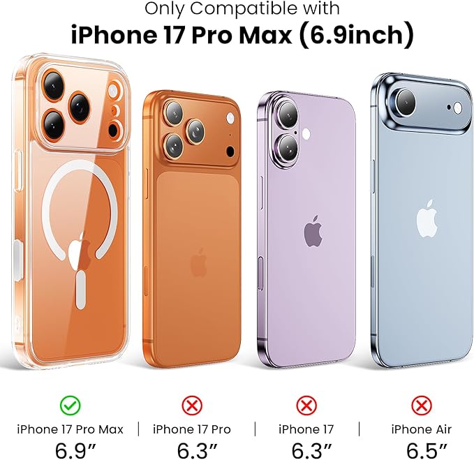 Anti-Yellowing for iPhone 17 Pro Max Case with 2X Screen Protectors, [Compatible with MagSafe] [12FT Military Grade Drop] Slim Thin Phone Cover 6.9 Inch,Clear