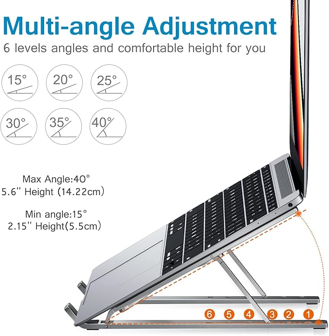 ivoler Laptop Stand, Laptop Holder Riser Computer Tablet Stand, 6 Angles Adjustable Aluminum Ergonomic Foldable Portable Desktop Holder Compatible with MacBook,iPad, HP, Dell, Lenovo 10-15.6” Gray