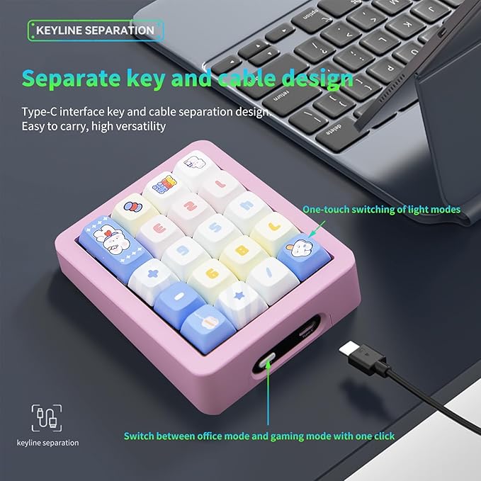 Adventurers K812 Wired Mechanical Numeric Keypad, 19-Key Hot-Swappable RGB Numpad, Macro Programmable, Detachable Type-C Cable, Game/Office Mode Switch – for PC/Laptop/Desktop (Pink)