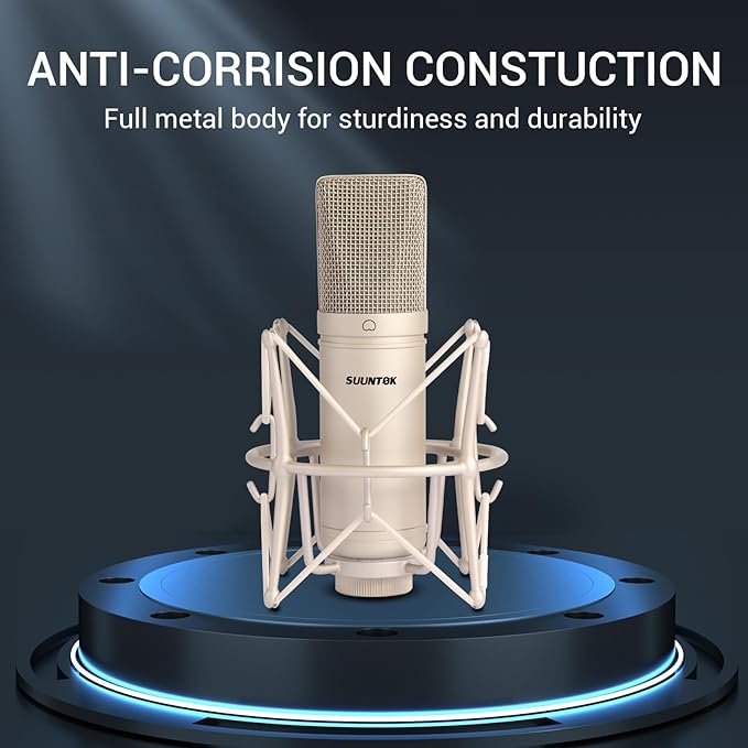SUUNTOK Condenser Microphone XLR, Large Diaphgram Professional Recording Cardioid Microphone Kit with Shock Mount, for Studio, Live Streaming, Podcas (Silver)