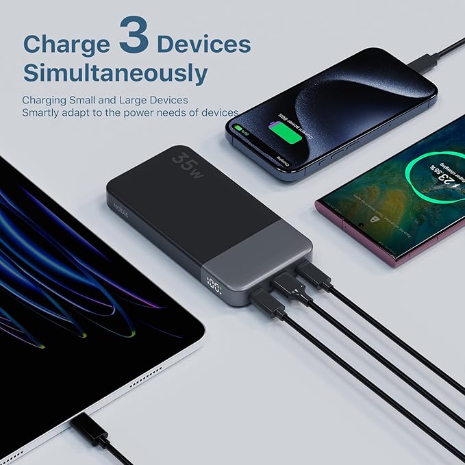 NOBIS Portable Charger, 10000mAh Power Bank Fast Charging, Battery Pack with C to C Cable, Battery Bank with Digital Display for iPhone iPad Android etc (Black, 35W)