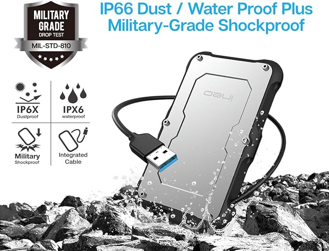 ineo 2.5" USB 3.0 Type-A Rugged Waterproof & Shockproof External Hard Drive Enclosure for 9.5mm & 7mm SATA HDD/SSD [T2580]