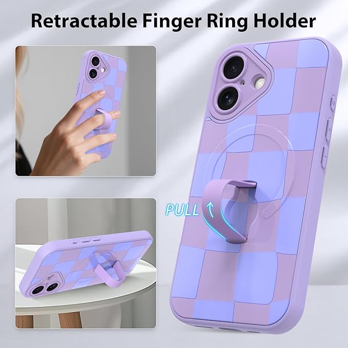 KANGHAR Compatible with iPhone 16 Case, Support for MagSafe, Silicone Checkered Cute Pattern, Wristband Kickstand Camera Protection Soft Slim Cover for Girls Women -Purple