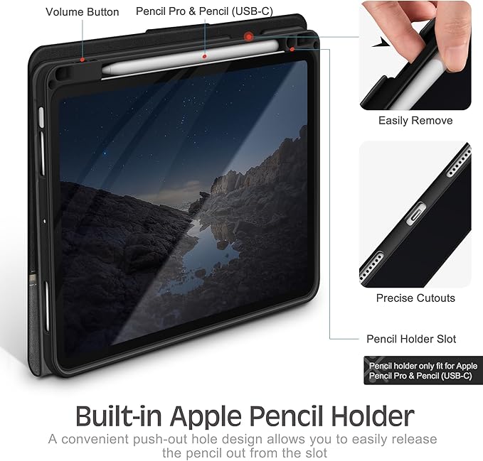 KingBlanc Case for iPad Air 13-inch M4/M3/M2 (2026/2025/2024) with Pencil Holder, Vegan Leather Cover, Auto Wake/Sleep, Multi-Angle Stand for Viewing & Drawing, Pencil Pro & USB-C Compatible, Black