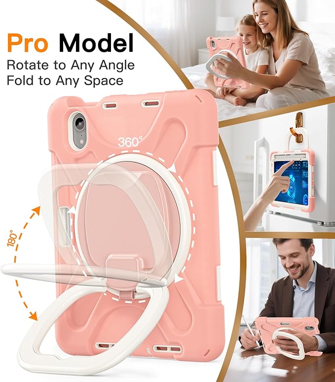 BATYUE Case for iPad mini 7 A17 Pro 2024/iPad Mini 6 2021 8.3 Inch with Pencil Holder, 360 Rotating Stand, Shoulder Strap, Handle Grip, Shockproof Rugged Case for iPad mini 7th/6th Gen, Rosegold