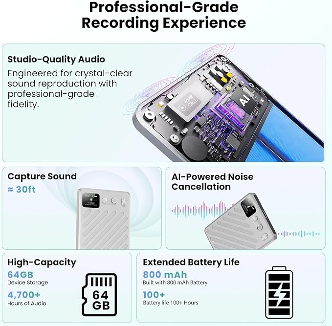 AI Voice Recorder, Note Taking Device, Transcribe & Summarize, Voice Recorder With Display, App Control, Supports 132+ Languages, 100H, 64GB, Magnetic Audio Recorder for Lectures Meetings Calls,Silver