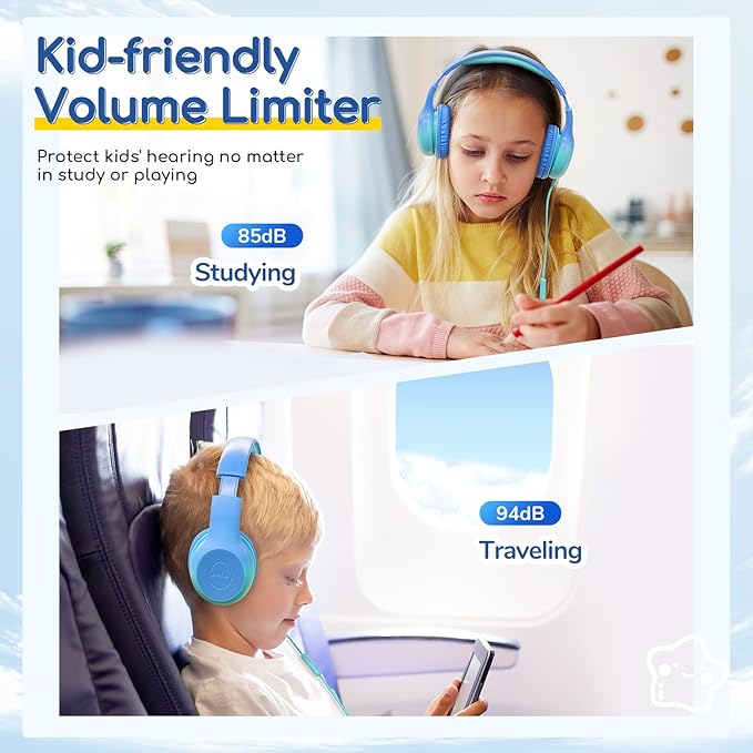 EarFun Kids Headphones Wired with Microphone, USB Type C Headphones for Kids, 85/94dB Volume Limit, Portable Wired Headphone with Shareport, Stereo Sound Foldable Headset for School/Tablet/PC, Cyan