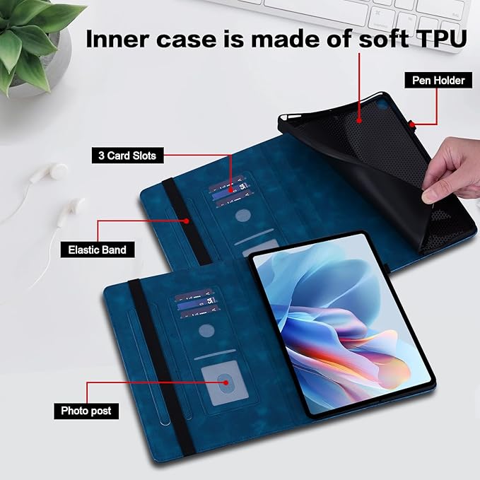 Case for iPad Pro 13 (M5/M4) 2025/2024 with Pencil Holder and Card Slots, Embossed PU Leather Multiple Viewing Angles Cover - Dark Blue