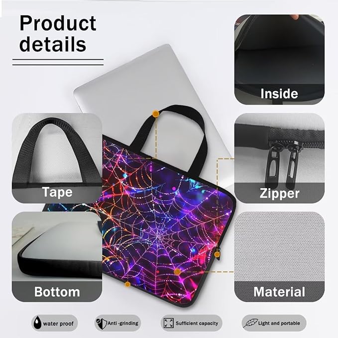 Colorful Spider Cobweb 12 Inch Laptop Sleeve Laptop Cover Computer Bag Tablet Carrying Case with Handle Business Tote Bags Notebook Sleeves Handbag for Halloween Decorations