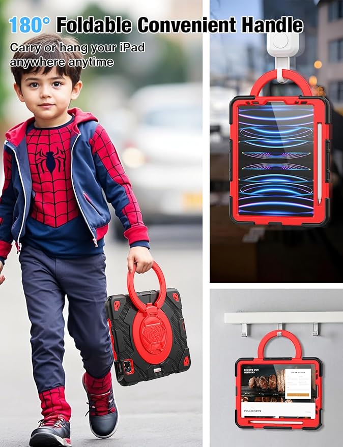 SCSVPN Kids Case for iPad Air 5th/4th Generation 10.9-inch 2022/2020 & iPad Pro 11'' 4th/3rd/2nd/1st Gen 2022 2021 2020 2018 Protection Case with Pen Holder, Stand, Handle, Shoulder Strap, Black Red