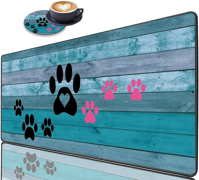 Extended Gaming Mouse Pad with Stitched Edges, Large Anti-Slip Mouse Pad (31.5x11.8 Inches) Desk Pad Keyboard Pad + Coaster for Work/Gamer/Home, Black and Pink Dog Paw Prints
