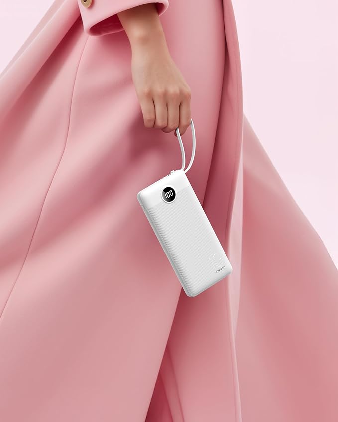 Portable Power Bank, 10000mAh Slim Portable Charger with Built-in Cables, External Battery Pack 5 Outputs 2 Inputs LED Display Compatible with iPhone/Android & More (White)