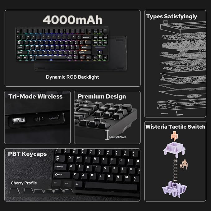 EPOMAKER P87 TKL Aluminum Wireless Gaming Keyboard, QMK/VIA Programmable, 87% BT/2.4Ghz/USB-C, with CNC Metal Knob and RGB Backlight (Black, Wisteria Linear Switch)