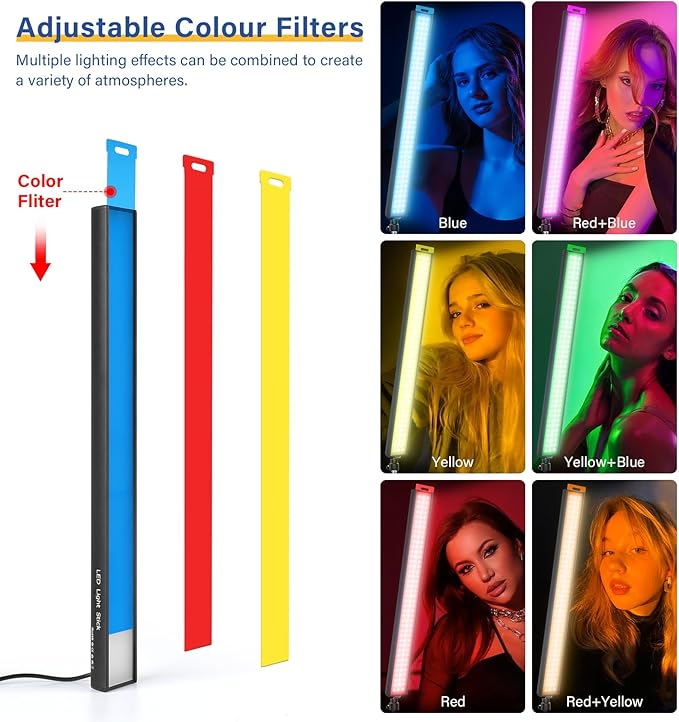 2 Pack LED Video Light Stick with 62.99'' Tripod Stand/Color Filter, Dimmable 2500K-8500K Studio Light Wand Photography Lighting Kit for Video Recording/Game Streaming/Photo Content/YouTube