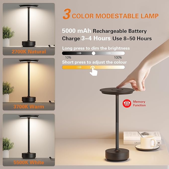 LED Cordless Table Lamp Set of 2,Rechargeable Battery Operated 3 Levels Brightness with Memory Function IP54 Waterproof Portable Lights for Outdoor Patio,Travel,Cafe,Restaurant,(Black)