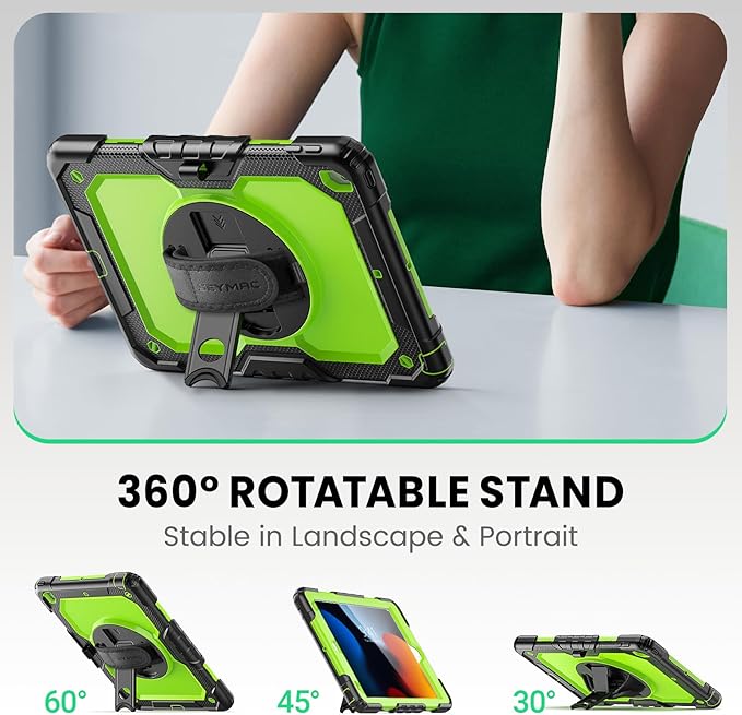 SEYMAC for iPad 9th/8th/7th Generation Case 10.2" 2021-2019, Full-Body Shockproof Heavy Duty Protective Case with Screen Protector, Rotating Stand/Handle/Shoulder Strap for iPad 10.2, Black/Green