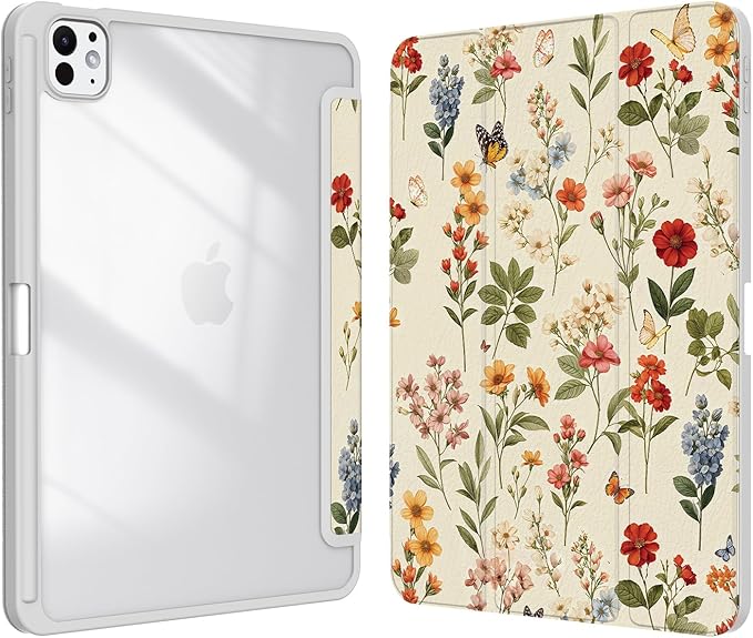 Case for iPad Pro 11-Inch M5/M4 2025/2024 (6th/5th Generation), Case with Pencil Holder, Clear Back Cover Cute Cool Design for Women Girls, Auto Sleep/Wake, Wildflower B