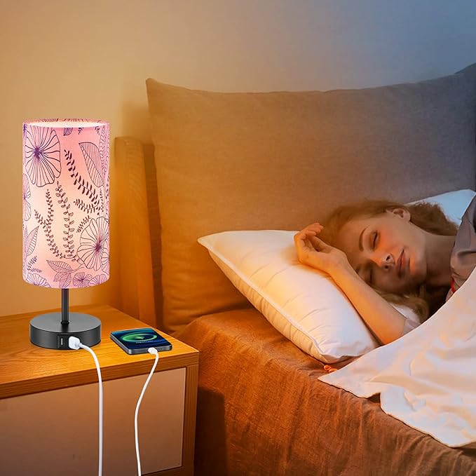 CINSARY Touch Control Bedside Lamp with 2 USB Ports, 3-Way Dimmable Table lamp for Bedroom, Nightstand Lamp with Round Pink Flower Fabric Shade for Living Room Home Office (E26 LED Bulb Included)