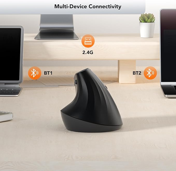KYSONA EM18 Wireless Ergonomic Vertical Mouse, Ergo Design, Bluetooth Cordless Mouse for Medium/Large Hands, Silent Click, 5-Level Adjustable DPI, Carpal Tunnel Mice for Computer/PC/Mac/Laptop, Black