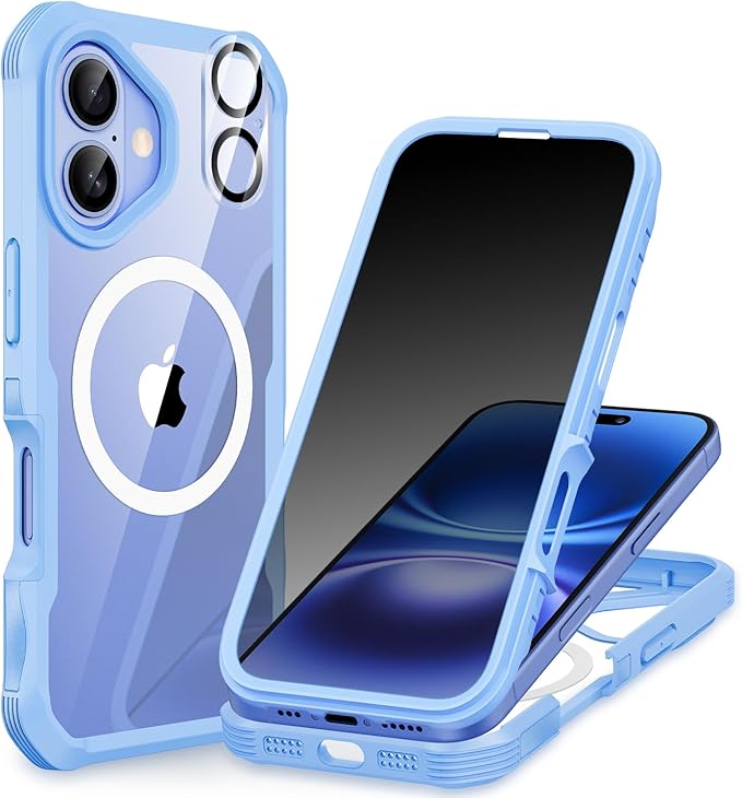 CENHUFO Magnetic Privacy for iPhone 16 Plus Case [Compatible with Magsafe] Full Body Phone Case Built-in 9H Tempered Glass Privacy Screen Protector and Camera Lens Cover, Shockproof Bumper - Blue