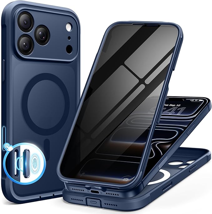 BERFY for iPhone 17 Pro Max Case, Compatible with MagSafe, Built-in Privacy Screen Protector, Camera Protection, Shockproof Full Body Phone Case 6.9", Translucent Blue