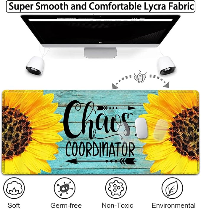 Large Gaming Mouse Pad, 31.5x11.8in Extended Computer Mouse Mat with Non-Slip PU Base,Ergonomic Memory Foam Keyboard Wrist Rest,for Work Gaming,Sunflower Chaos Coordinator Blue Office Desk Pad