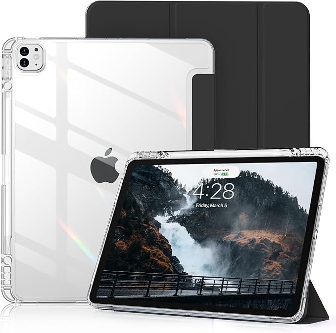 Clear Case for iPad Pro 12.9 inch 6th/5th/4th/3rd Gen with Pencil Holder [Support Pencil Charging] Auto Wake/Sleep, Lightweight Shockproof Trifold Stand Transparent Hard PC Back Cover, Black-2