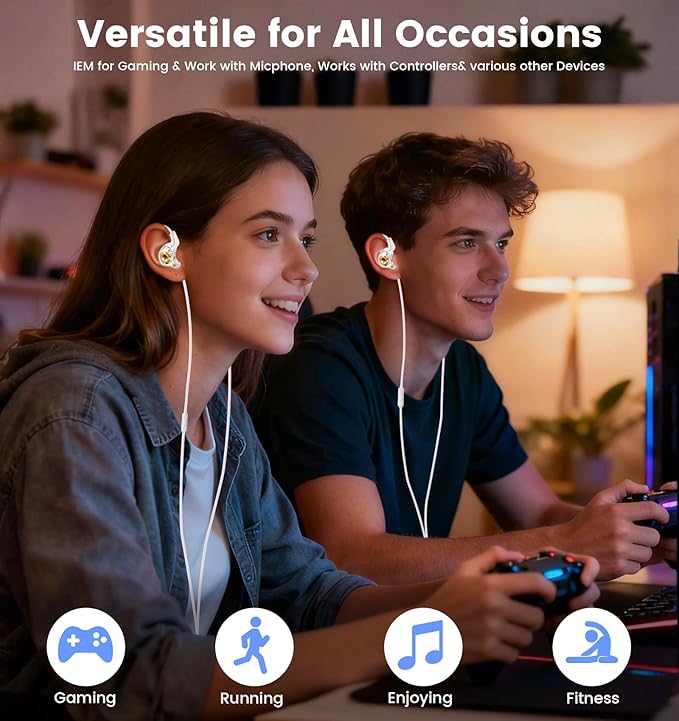 Wired Gaming Headphones IEM Earphones with 1DD，QKZ Ak6 SRS in Ear Monitor, HiFi Earbuds, Crystal Clear Hi-Res Sound with Microphone&New 11mm Dynamic Driver for Gaming,Video Musicians, Singers