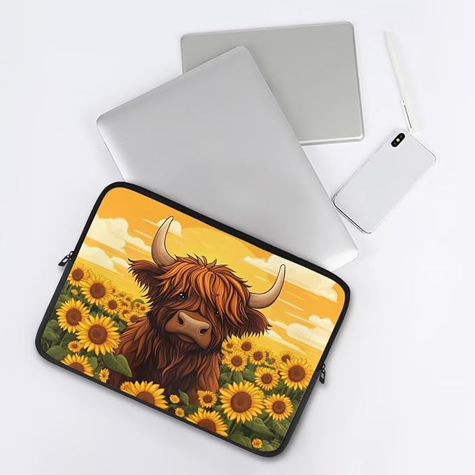 Highland Cow Laptop Protective Sleeve for Women 10inch Computer Sleeve Bag Sunflower Portable Lap Top Case Suitable for Travel School Office Neatly Organizers Brown