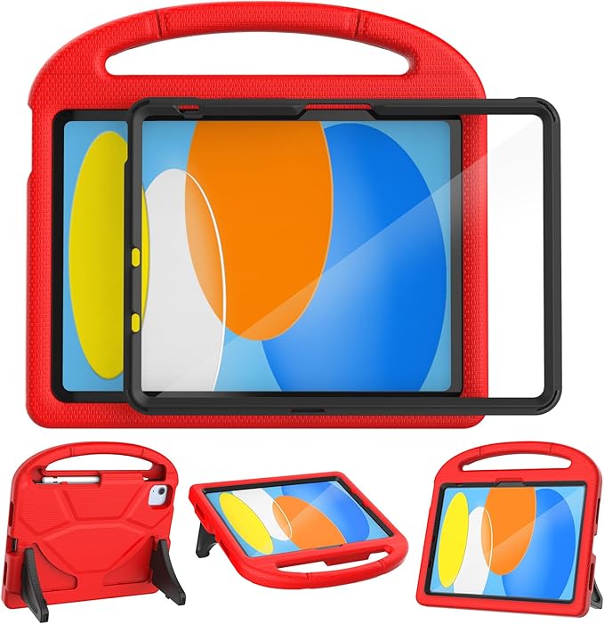 YIHE Kids Case for iPad A16 11th Generation (11" 2025) & 10th Gen (10.9" 2022) | Shockproof Tablet Cover with Built-in Screen Protector & Pencil Holder for iPad 10.9/11 Inch, Red Black