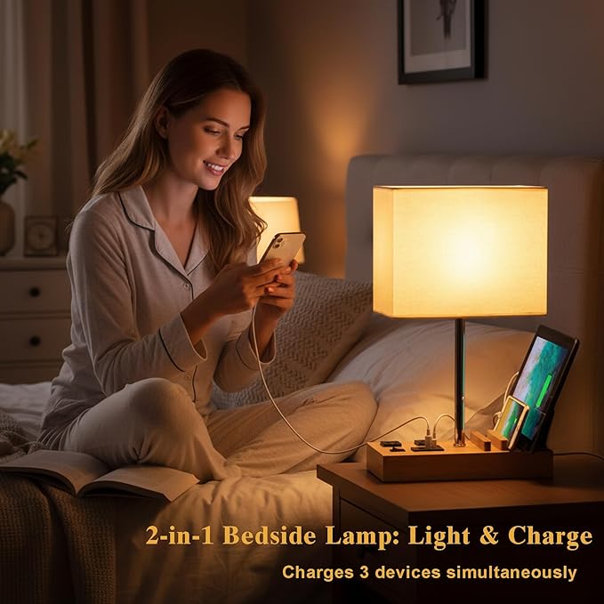Briever Upgraded 3 USB Table Lamp with 2 USB A & C Charging Ports, Bedside Desk Lamp with 2 AC Outlets and Wooden Phone Stand Organizer, Nightstand Lamp for Bedroom, Living Room, Office, Natural Wood
